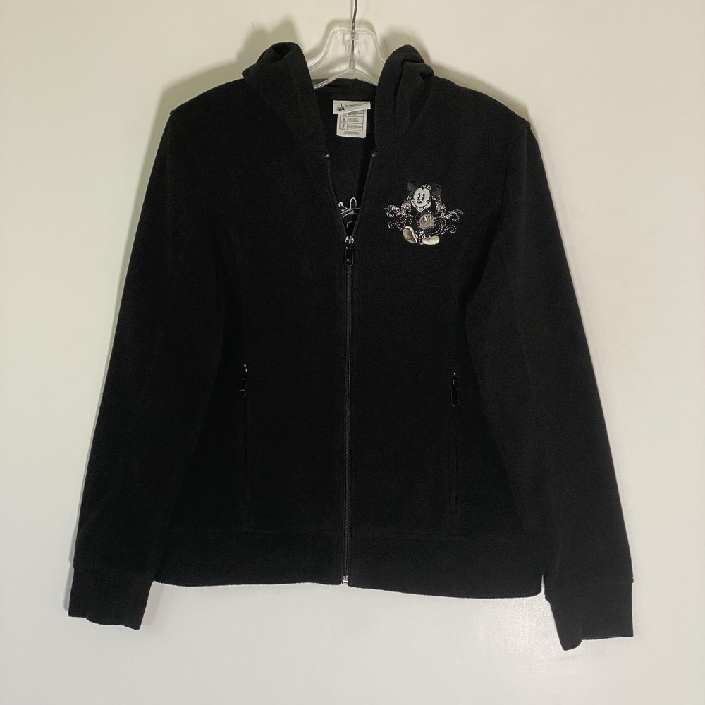 Disney Parks Jacket Mens Small Black Fleece Hooded Full Zip Mickey Mouse Graphic